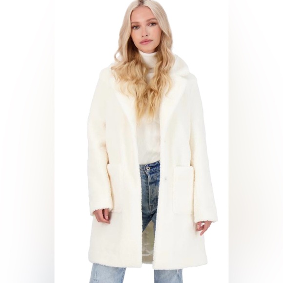 French Connection Women's Winter White Faux Shearling Teddy Lapel Midi Coat NWT - Picture 1 of 8